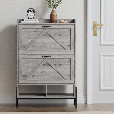 CuisinSmart Farmhouse Shoe Storage Cabinet with Metal Legs, Narrow Hidden Shoe Rack with 2 Flip Drawers, Shoe Organizer for Entryway, Grey