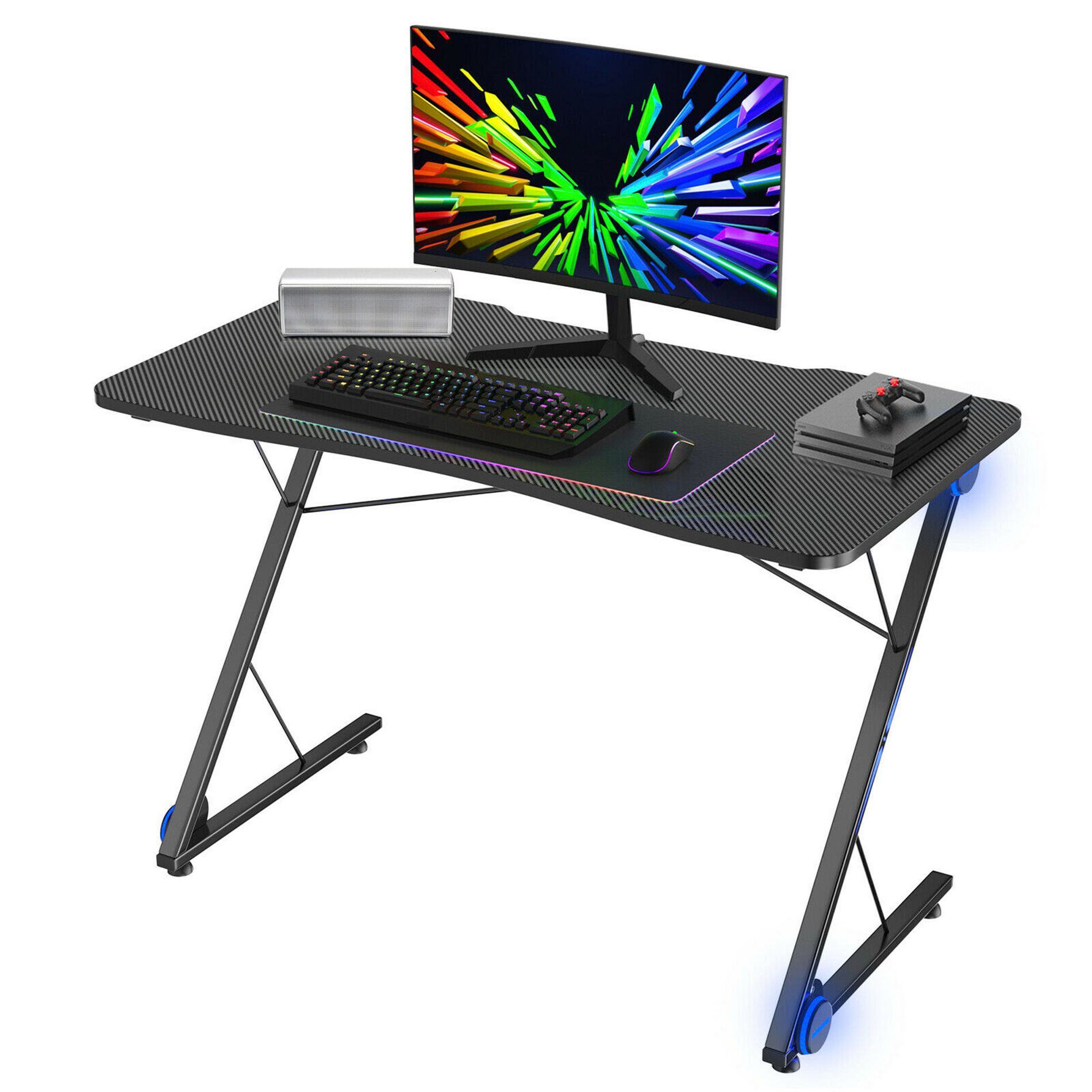 Costway 43.5 inch Gaming Desk Z Shape Office PC Computer Desk Gamer Tables w/ LED Lights