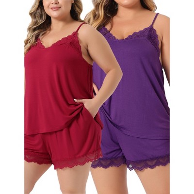 Agnes Orinda Women's Plus Size Adjustable Strap Elastic Waist Lace Trim Pajama Sets
