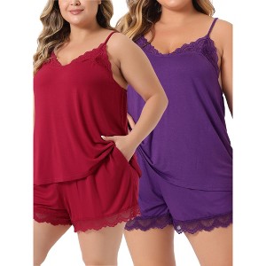 Agnes Orinda Women's Plus Size Adjustable Strap Elastic Waist Lace Trim Pajama Sets - 1 of 4