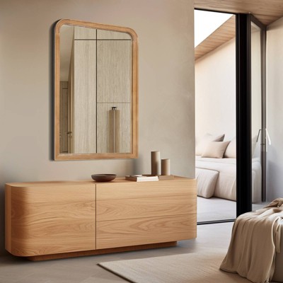 Natural Wood Rectangular Wall Mirror with Arched Top 24" x 36"