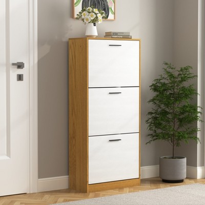 ZHUTA Shoe Storage Cabinet with 3 White Panel Flip Drawers, Freestanding Organizer for Entryway, Narrow Shoe Rack Cabinet