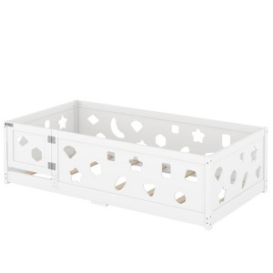 SEVOBAL Kids Furniture Floor Bed Full Size Solid Wood Slats with Heightened Safety Guardrails Door for Kids and Teens - 1 of 4
