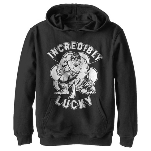 Boy s Marvel St. Patrick s Day Hulk Incredibly Lucky Clover Pull Over Hoodie Black Small Target