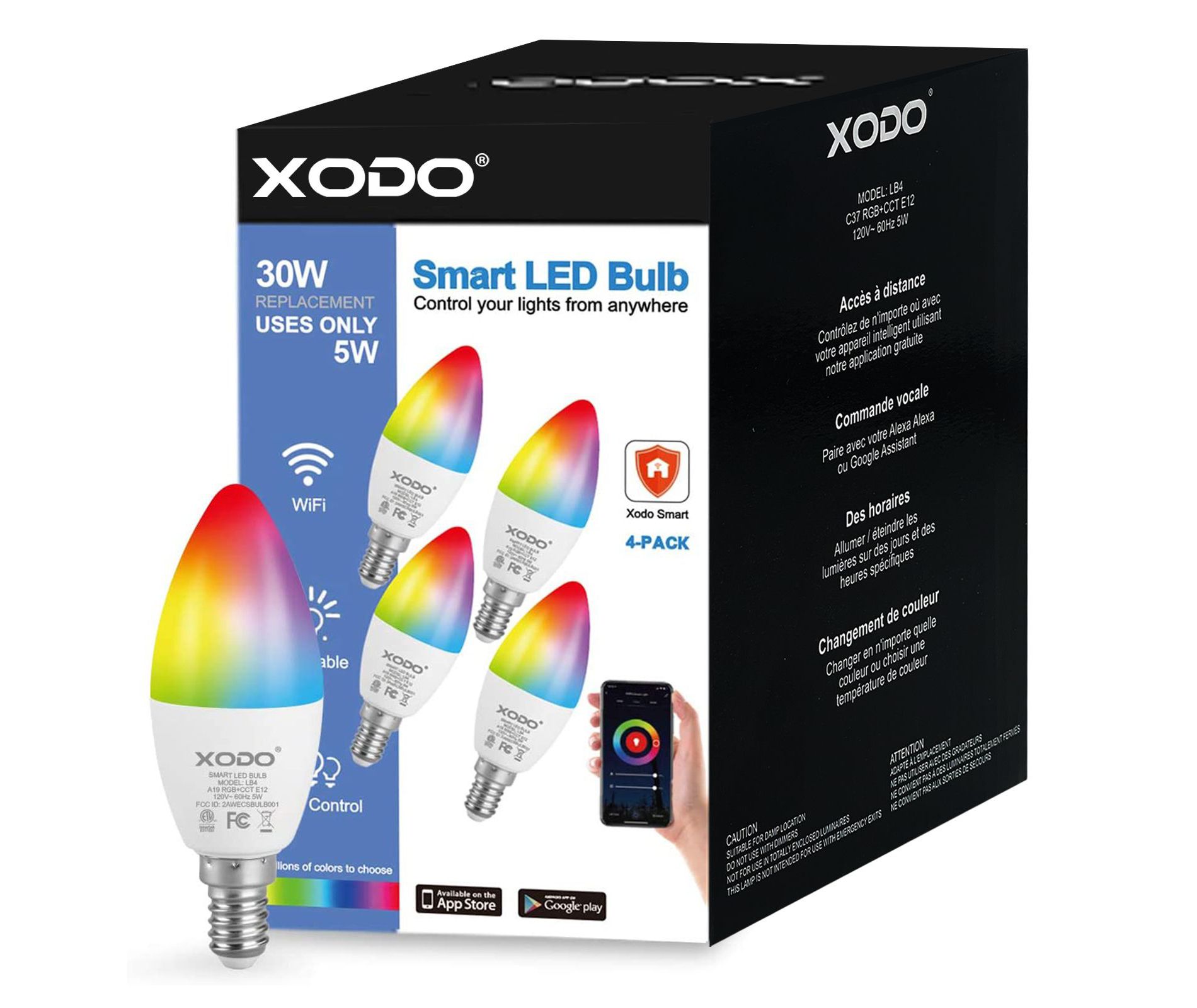 XODO Smart WiFi Light Bulb, C37 E12 Dimmable Candelabra Light Bulb – 5W (30W Equivalent) LED, LB4-4PK