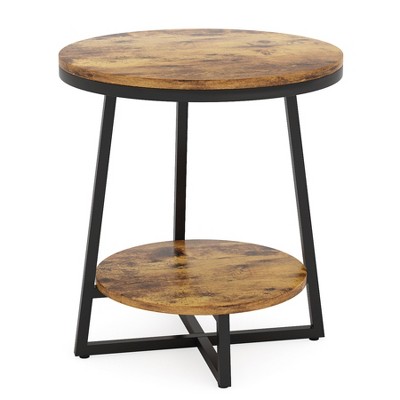 Lirago Brown 2-Tier Round End Table E1 Particle Board Metal Frame 19.68x19.68x23.62 Storage Shelf Nightstand