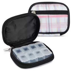 Wellbrite 2 Pack 7-Day Weekly Medication Pill Organizer, 8-Compartment Medicine Travel Case, Pink Plaid, 4 x 2.7 x 1 In