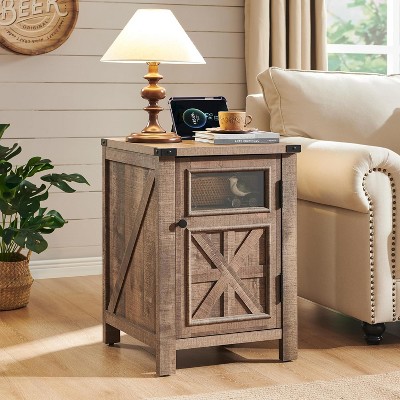 SinCiDo Nightstand w/ Charging Station, 18″ Farmhouse Night Stand w/ Adjustable Shelf, Wooden Rustic End Table Side Table