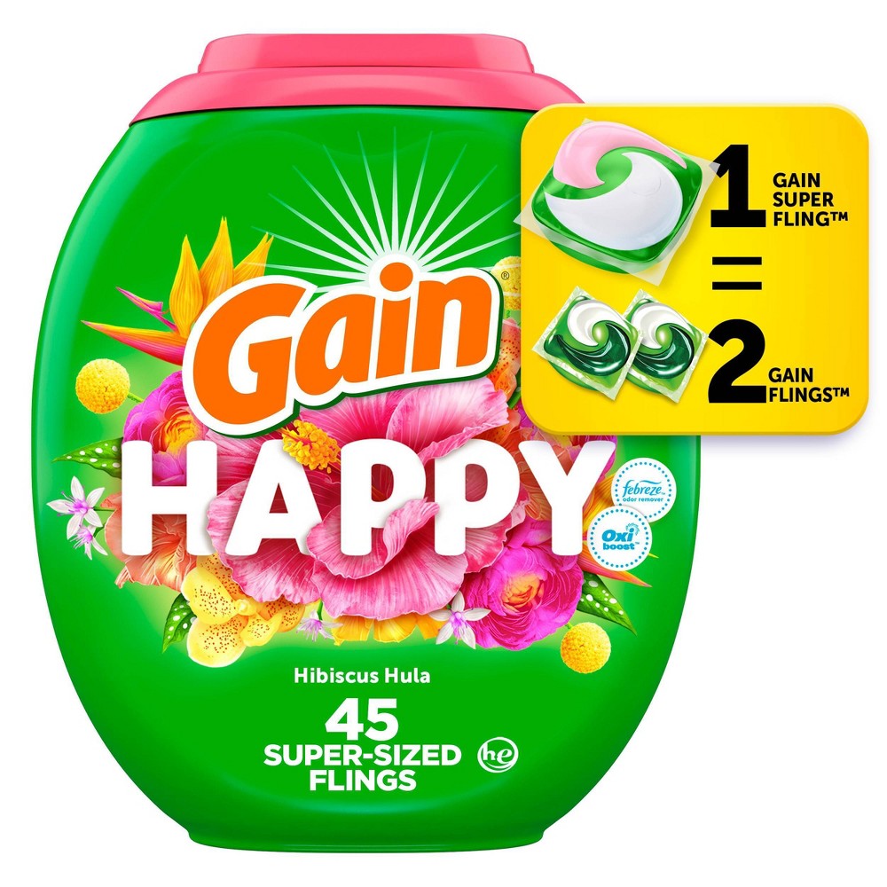 Gain Flings Hibiscus Hula HE Compatible Happy Laundry Detergent Soap Pacs - 45ct