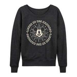 Women's - Disney - Mickey Listen To The Universe Lightweight French Terry Wide Neck Long Sleeve Shirt - 1 of 4