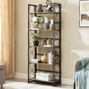 VECELO Folding Bookshelf, 5-Tier Bookcase, Industrial Tall Book Shelf Storage Organizer for Living Room, Brown/Walnut/Antique Brown - 1 of 4