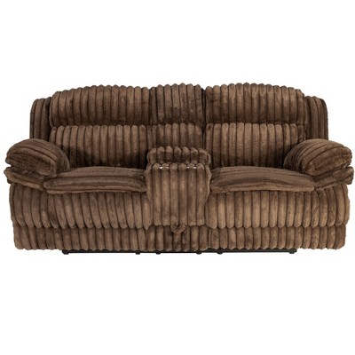 Vynxaria Contemporary Chocolate Fur-Like Corduroy Motion Loveseat w/Console (Cup Holders), Storage Drawer, Pillow-Top Arms