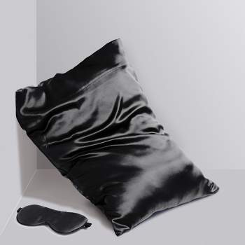 2 Pcs Queen Silk for Hair and Skin Gift Set Pillowcase and Eye Cover Black - PiccoCasa