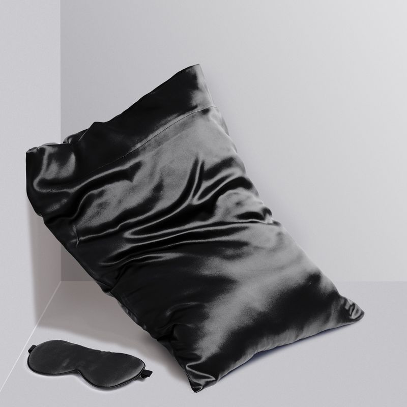 2 Pcs Queen Silk for Hair and Skin Gift Set Pillowcase and Eye Cover Black - PiccoCasa, 1 of 6