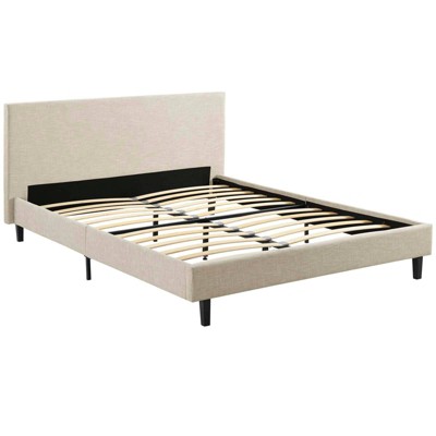 Anya Modern Queen Platform Bed with Upholstered Headboard in Beige