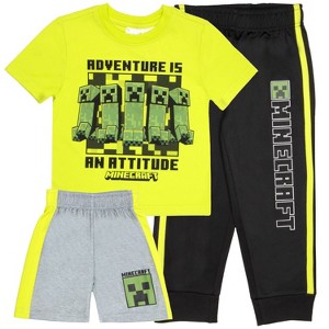 Minecraft Little Boys Creeper Adventure T-Shirt, Shorts and Jogger Pants 3-Piece Outfit Set - Green, 7 - 1 of 4
