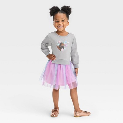 Image of Toddler Girls' Afro Unicorn Rainbow Tulle Pullover Dress - Pink 18M