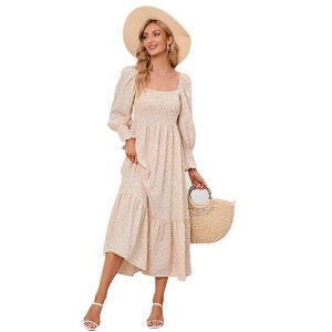 Women's Square Neck Smocked Top Long Sleeve Floral Print Maxi Dress - Soft & Breathable Fabric, Casual Boho Dress - 1 of 4