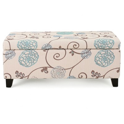 White and Blue Floral Fabric Upholstered Storage Ottoman with Birch Legs