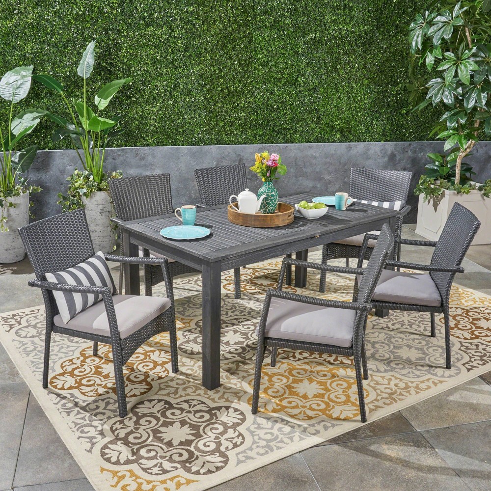 Photos - Garden Furniture 7pc Davenport Wood & Wicker Expandable Patio Dining Set Gray - Christopher