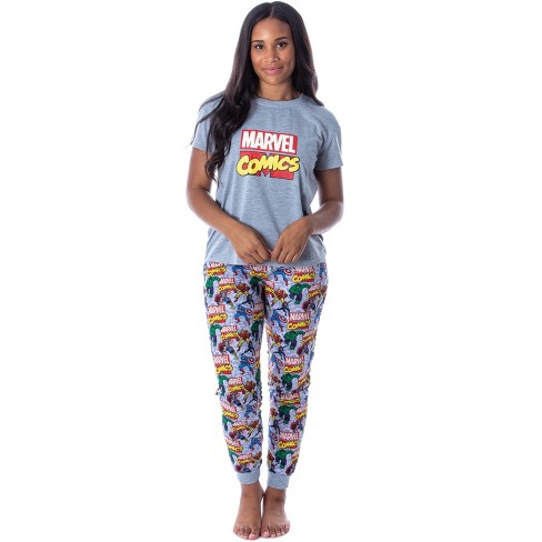 Marvel Women's Character Comic Book Print 2 Piece Jogger Pajama Set (M) Grey