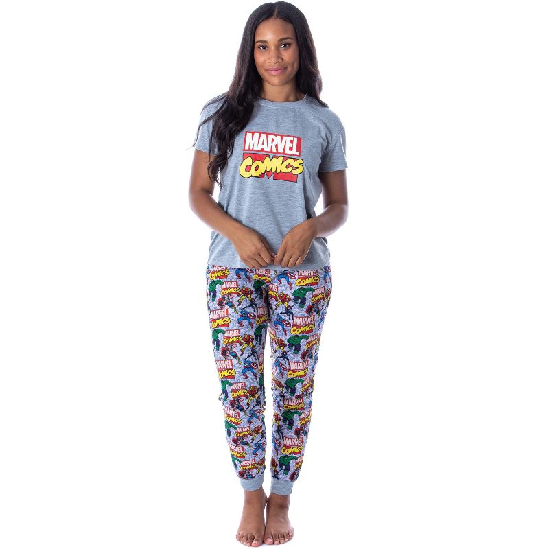 Marvel Women's Character Comic Book Print 2 Piece Jogger Pajama Set Grey, 1 of 5