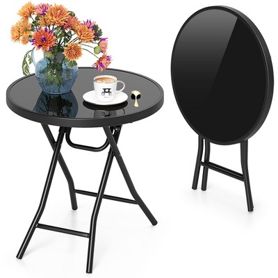 Tangkula Set of 2 Folding Outdoor Side Table 18” Round End Table with Tempered Glass Tabletop & Metal Frame Portable Sofa Side Table Black