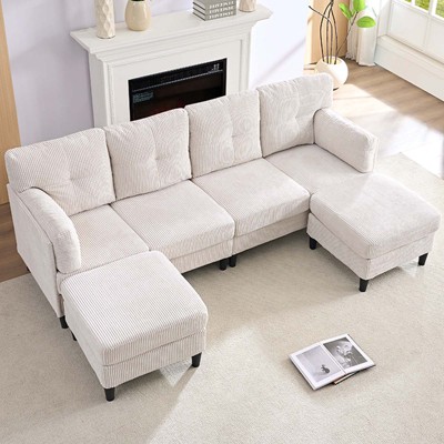 Mjkone Corduroy U-Shape Modular Convertible Sectional Sofa Couch,Upholstered 4-Seater Sofa with Movable Ottoman