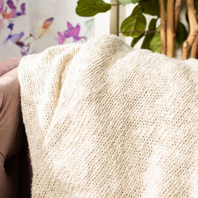 Contemporary Beige & Silver Lurex Knitted Cotton Throw, 60" x 50"