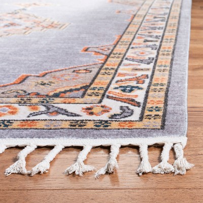 Gray and Orange Medallion Braided Fringe Area Rug