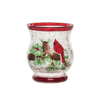 Transpac Small Glass Cardinal Hurricane Candle Holders for Christmas Decor - Elegant Holiday Centerpieces