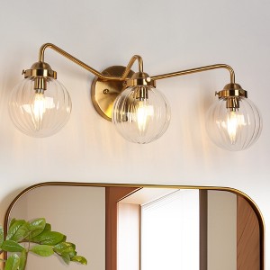 LNC Polished Gold Bathroom Vanity Light with Clear Stripe Glass Globe Shades, Modern, 3-Light - 1 of 4