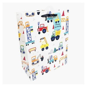 Bows And Sparkles Medium Construction Vehicles Birthday Gift Bag with Tag White - 1 of 2
