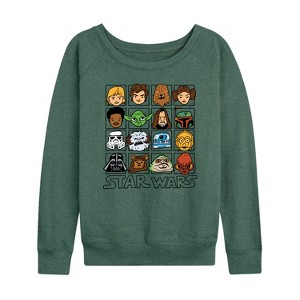 Women's - Star Wars - Yoda and Friends Face Grid Lightweight French Terry Wide Neck Long Sleeve Shirt - 1 of 4