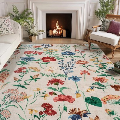 Area Rug, Washable Floral Low Pile Carpet, Soft Non-Slip Vintage Rug for Living Room, Bedroom, Kitchen, Dining Room, Office