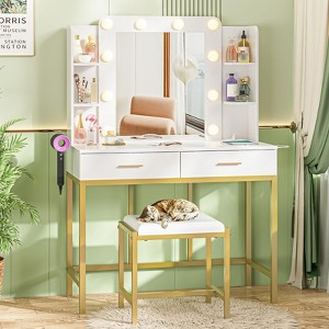 White Vanity Desk with Mirror, LED Lights, Power Outlet & Cushioned Stool - 1 of 4