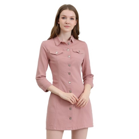 Allegra K Women's 3/4 Sleeve Button Down Denim Shirt Dress Dark Pink Small  : Target