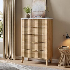 47.2" Tall Fluted Dresser, 5 Deep Drawers, Faux Marble Top, Curved Profile, Modern Chest for Bedroom/Living/Kids - 1 of 4