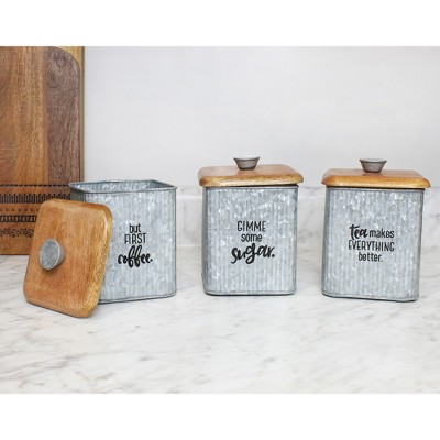 Silver Galvanized and Wood Retro Canister Set, 3-Piece