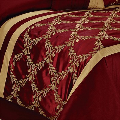 HIG 7 Piece Bed in A Bag Comforter Set Queen Burgundy and Gold Faux Silk Fabric Embroidered Bedding Set — фото 5