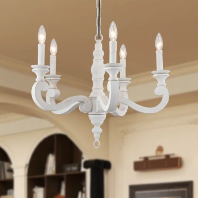 PAKOKULA Modern Farmhouse 5 - light French Antique Distressed White Empire Candlestick Wood Chandelier