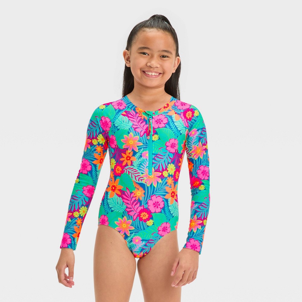 Photos - Swimwear Girls' Rainforest Coast Floral Printed One Piece Rash Guard Swimsuit - Cat