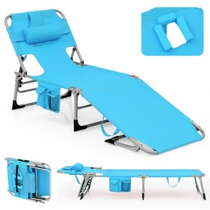 Gymax 1PCS/2PCS Outdoor Beach Lounge Chair Folding Chaise Lounge 5-Level Backrest Blue & Green/Blue/Turquoise/Gray/Black/Beige/Pink/Hot Pink - 1 of 4