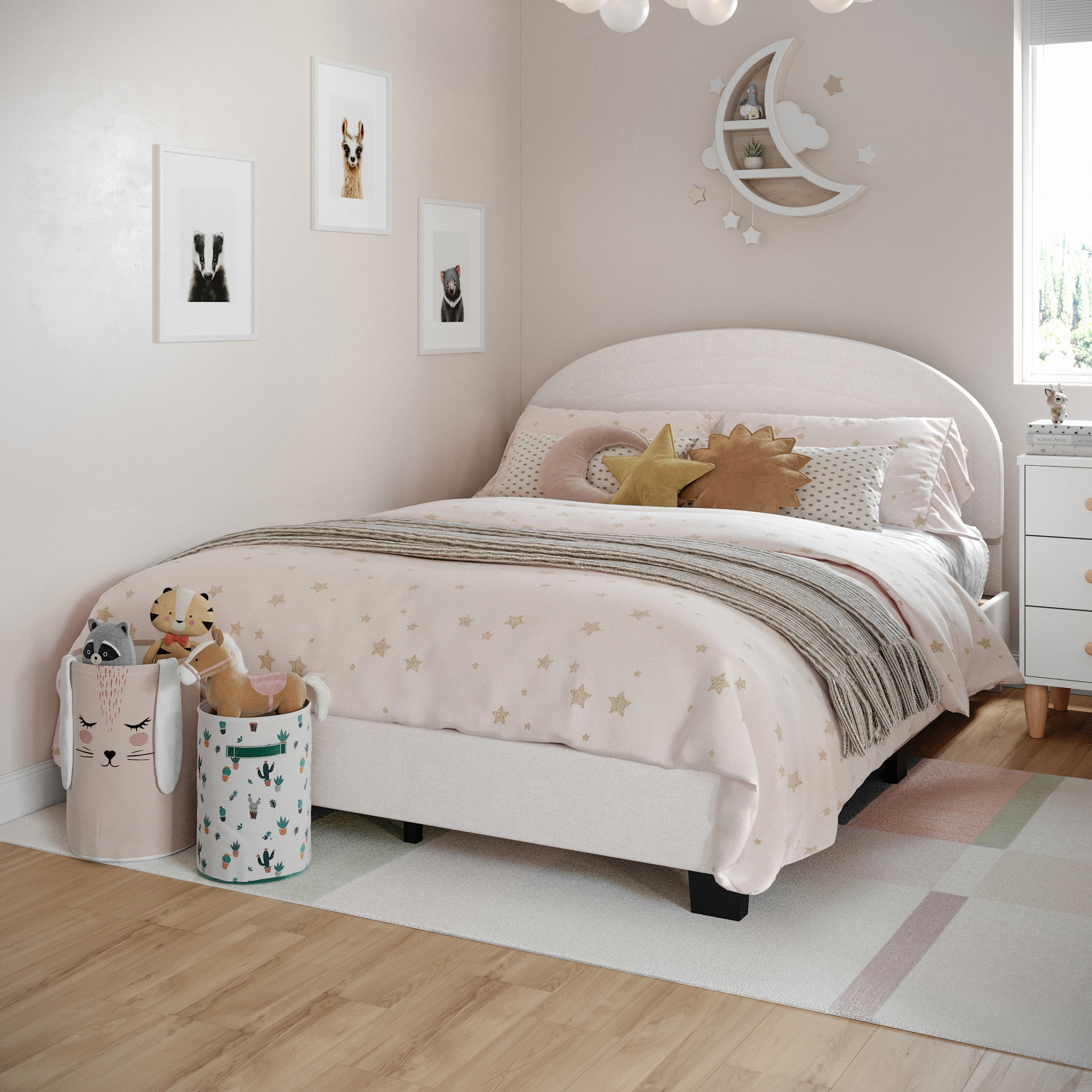 Buzz & Bloom Full Platform Bed Frame with Curved Headboard and Wood Slat Foundation in Marshmallow