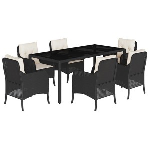 vidaXL 7 Piece Patio Dining Set - PE Rattan, Cushions, Tempered Glass Table, Outdoor Garden Furniture, Black - 1 of 4