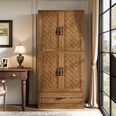 Tall Brown MDF Bookcase with Diamond Carved Cabinet and Drawer