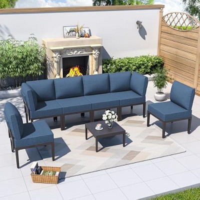 ALAULM Metal Patio Furniture Set Modern Metal Outdoor Conversation Sets w/45in Propane Fire Pit Table, Patio Sectional Sofa w/5 Inch Cushion