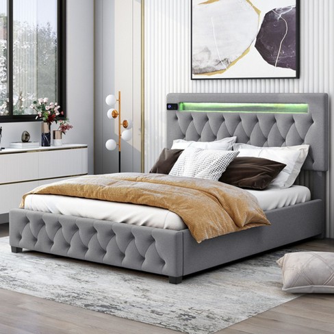 Queen Size Upholstered Storage Adjustable Headboard Featured With Bluetooth Led Light And Charging, Gray-modernluxe : Target