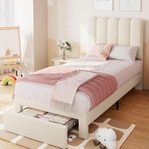 Coucheta Twin Bed Frame with Storage Drawer & Headboard, Velvet Upholstered Platform Bed for Girls, Wood Slats, Noise-Free, Easy Assembly - 1 of 4