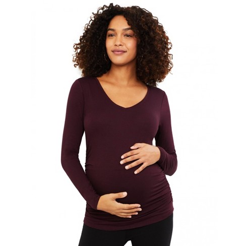 Motherhood Maternity Womens Long Sleeve V-Neck Side Ruched Tee Shirt T-Shirt